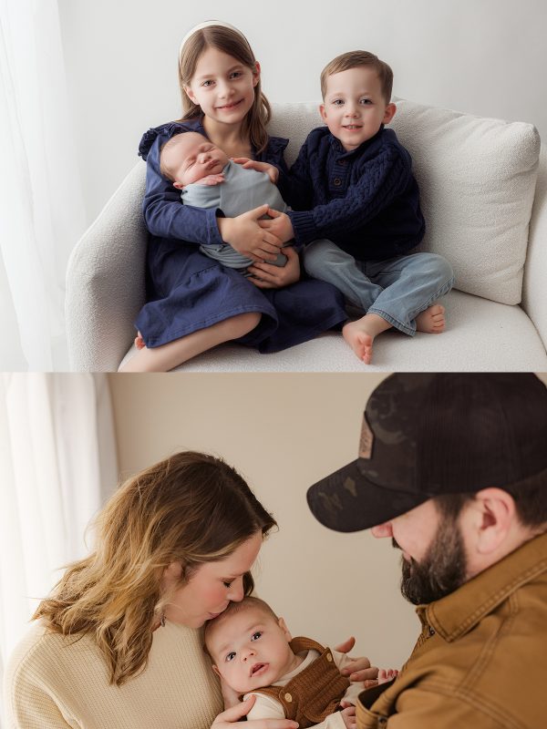 Older sister and brother cradle a sleeping newborn on a light sofa in a cozy living room.
